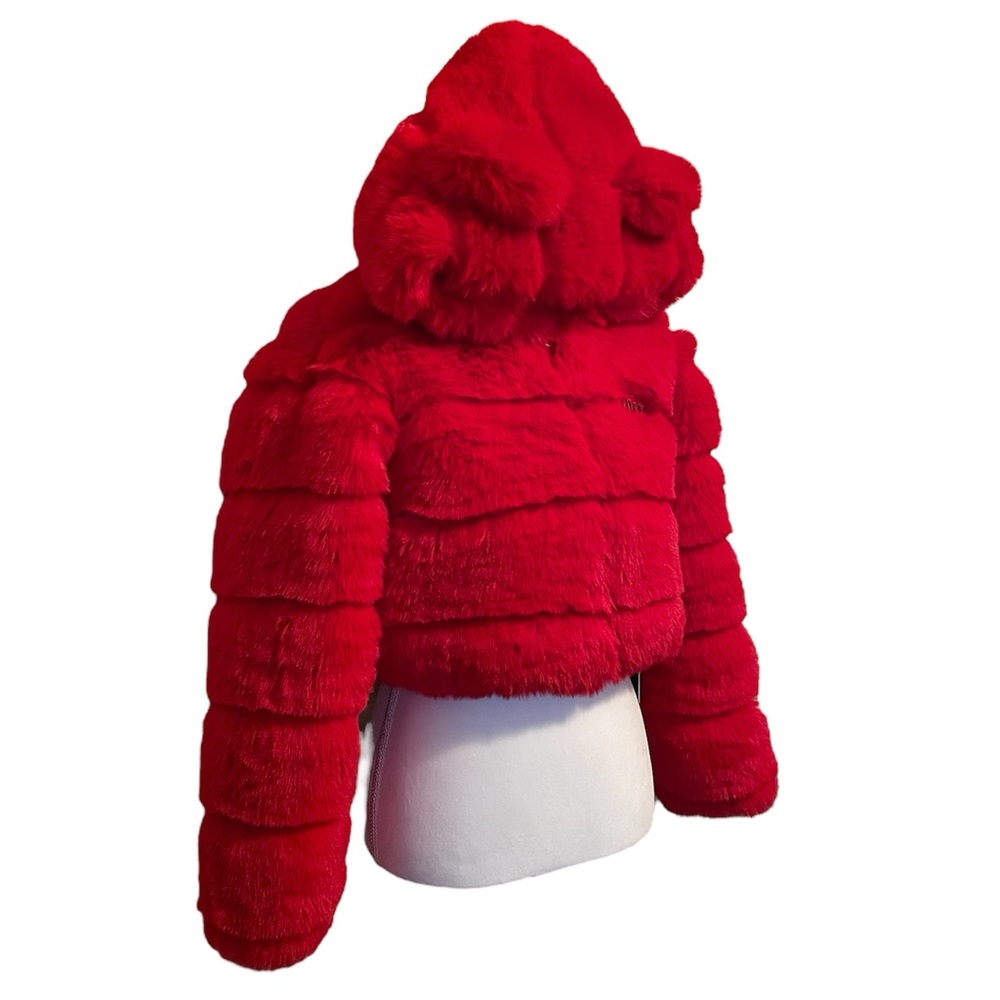 Forever 21 x Disney Mickey Mouse Faux Fur Cropped Red Hooded Puffer Jacket Small - Picture 6 of 16